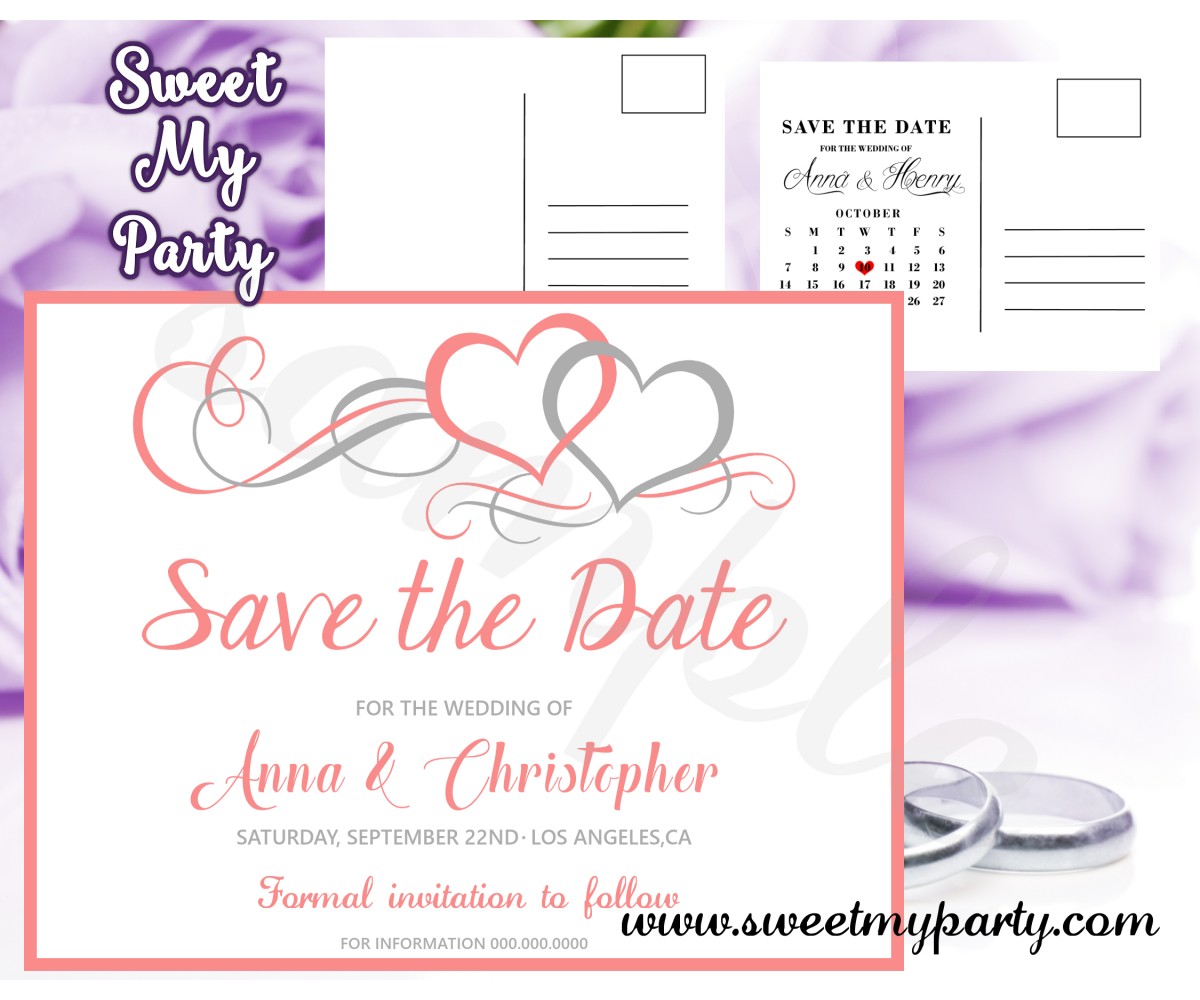 Hearts Wedding Save the Date card, Hearts coral Save Our Date postcard,(018w)
